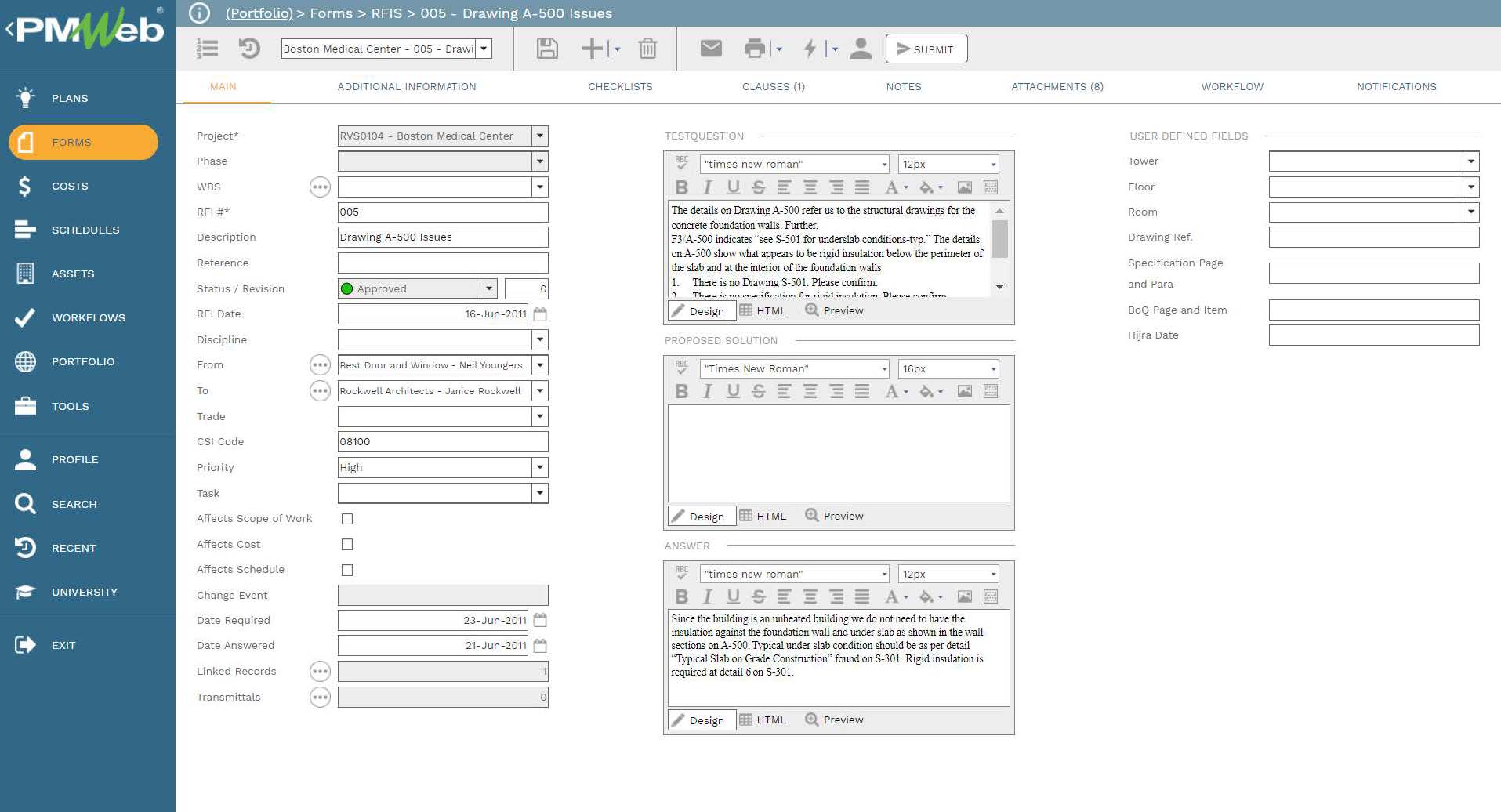 PMWeb 7 Forms RFIs 005 Drawing A 500 Issues
Main