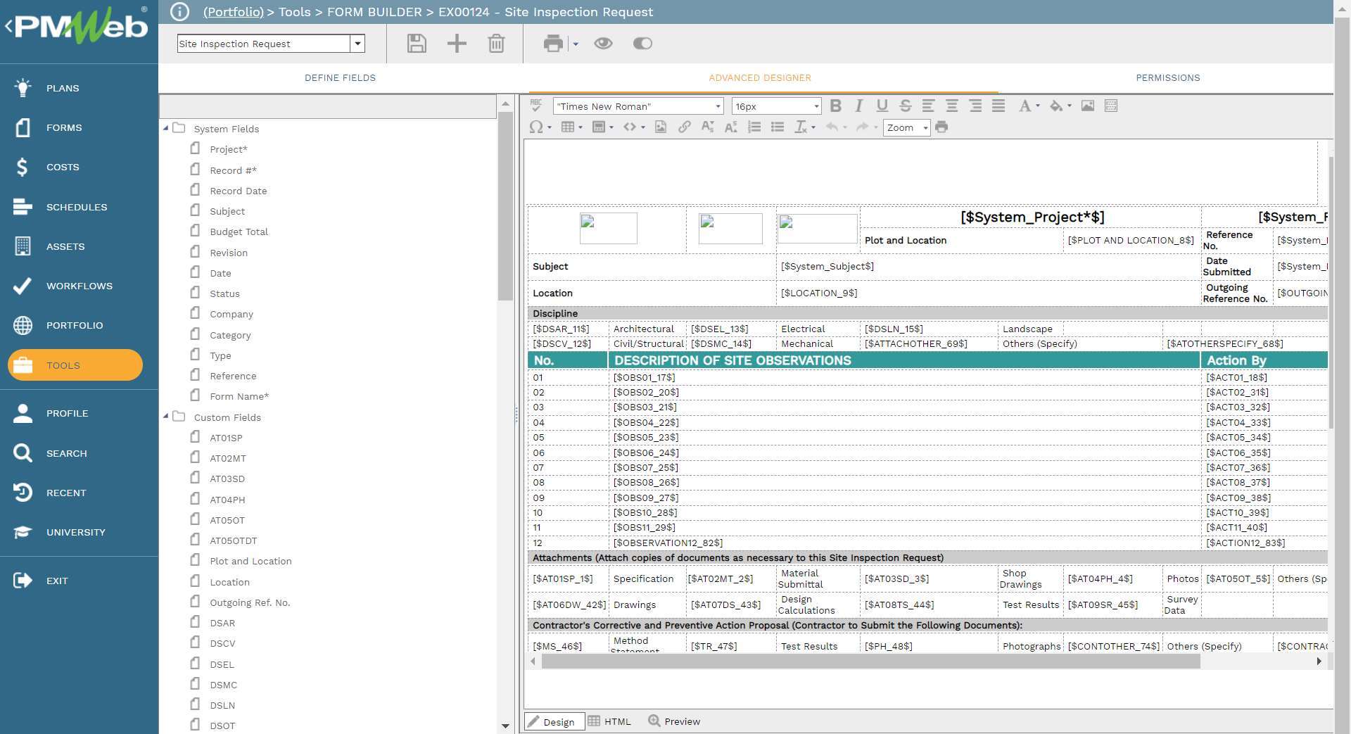 PMWeb 7 Tools Form Builder EX00124 Site Inspection Request / Advanced Designer