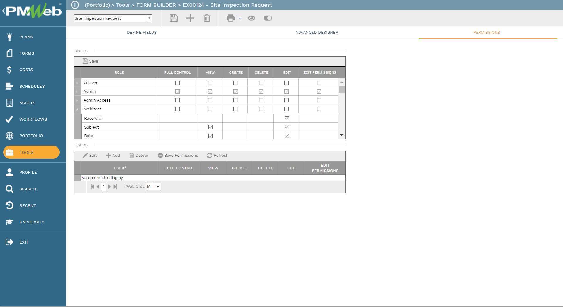 PMWeb 7 Tools Form Builder EX00124 Site Inspection Request
Permissions