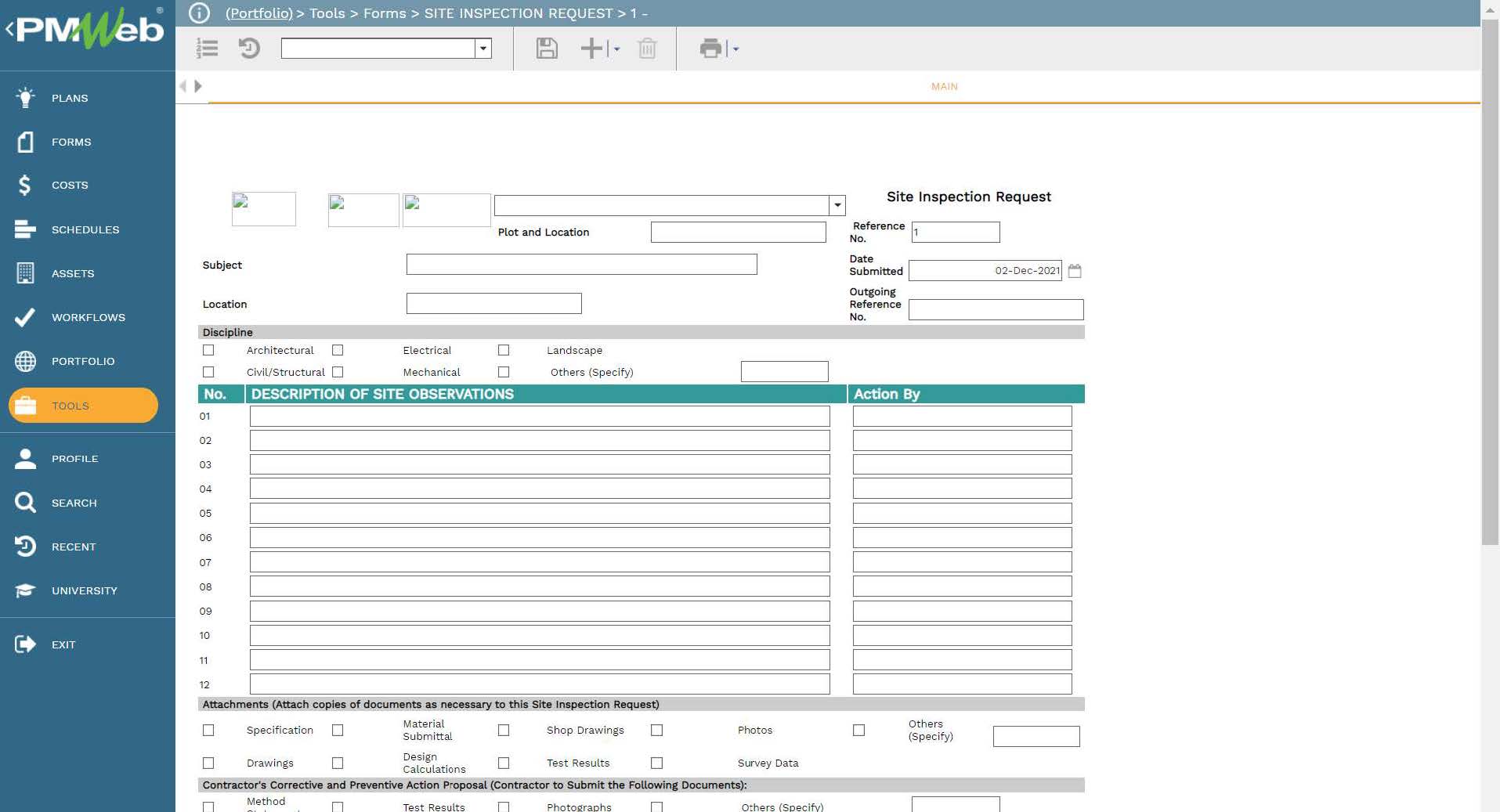 PMWeb 7 Tools Form Builder EX00124 Site Inspection Request 1
Main