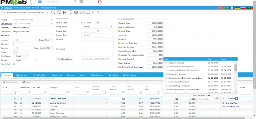 PMWeb 7 Cost Managment Invoices Progresses Invoices Details