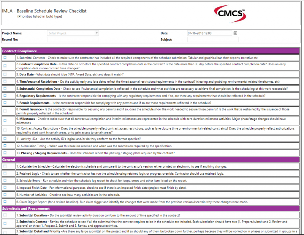 PMWeb 7 Schedule Review Checklist