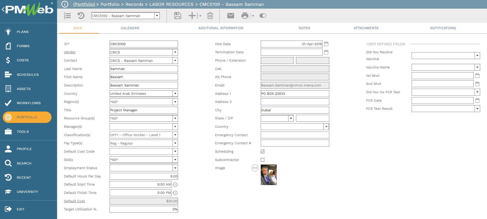 PMWeb 7 Portfolio Records Labor Resources CMCS100 - Bassam Samman
Main
