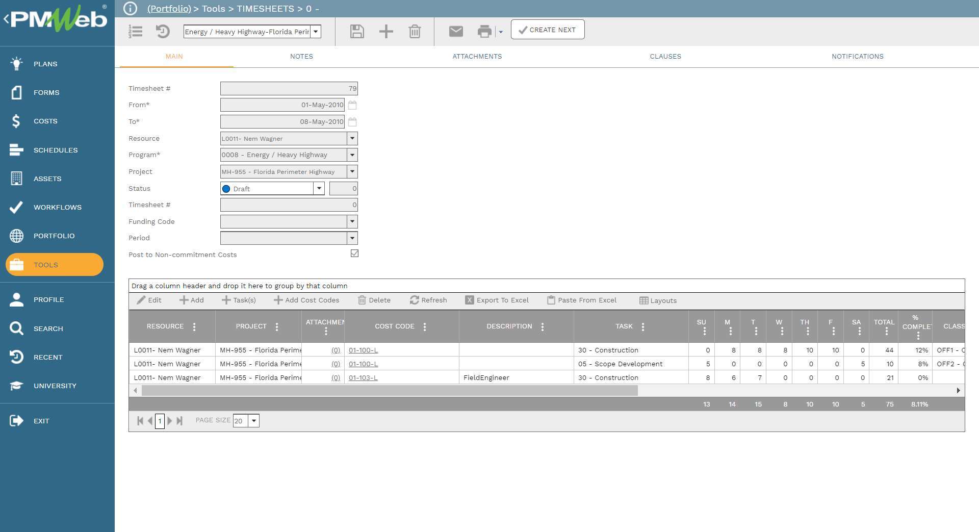 PMWeb 7 Tools Timesheets 0
Main