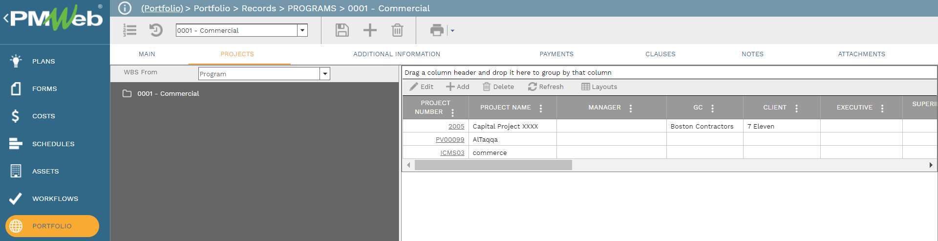 PMWeb 7 Portfolio Records Programs 0001 Commercial
Projects