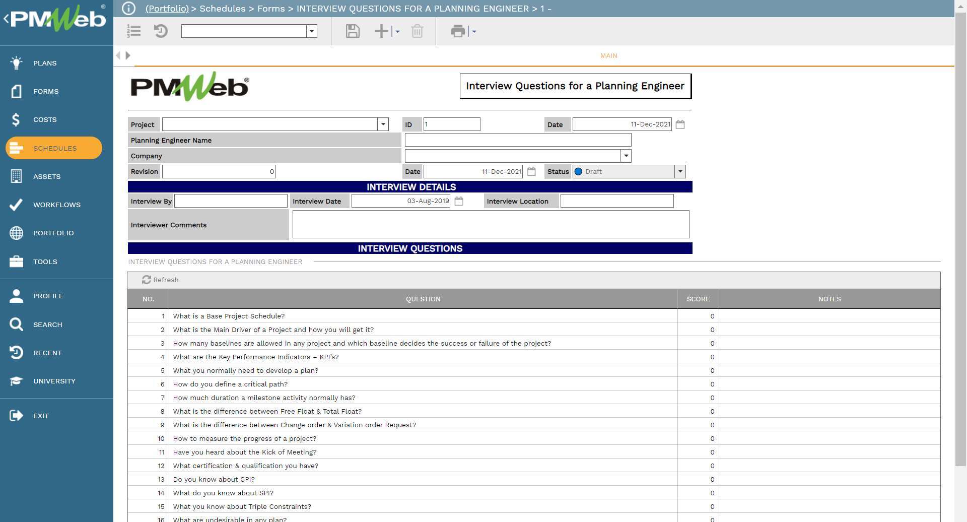 PMWeb 7 Schedules Forms Interview Questions For A Planning Engineer 1
Main