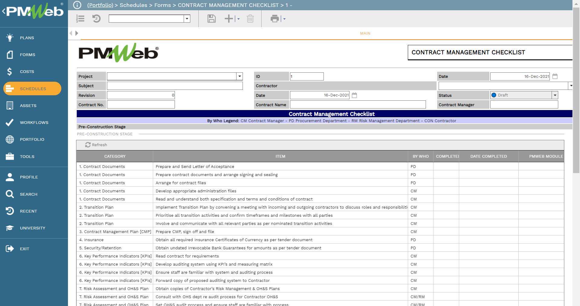 PMWeb 7 Schedules Forms Contact Management Checklist 1 
Main