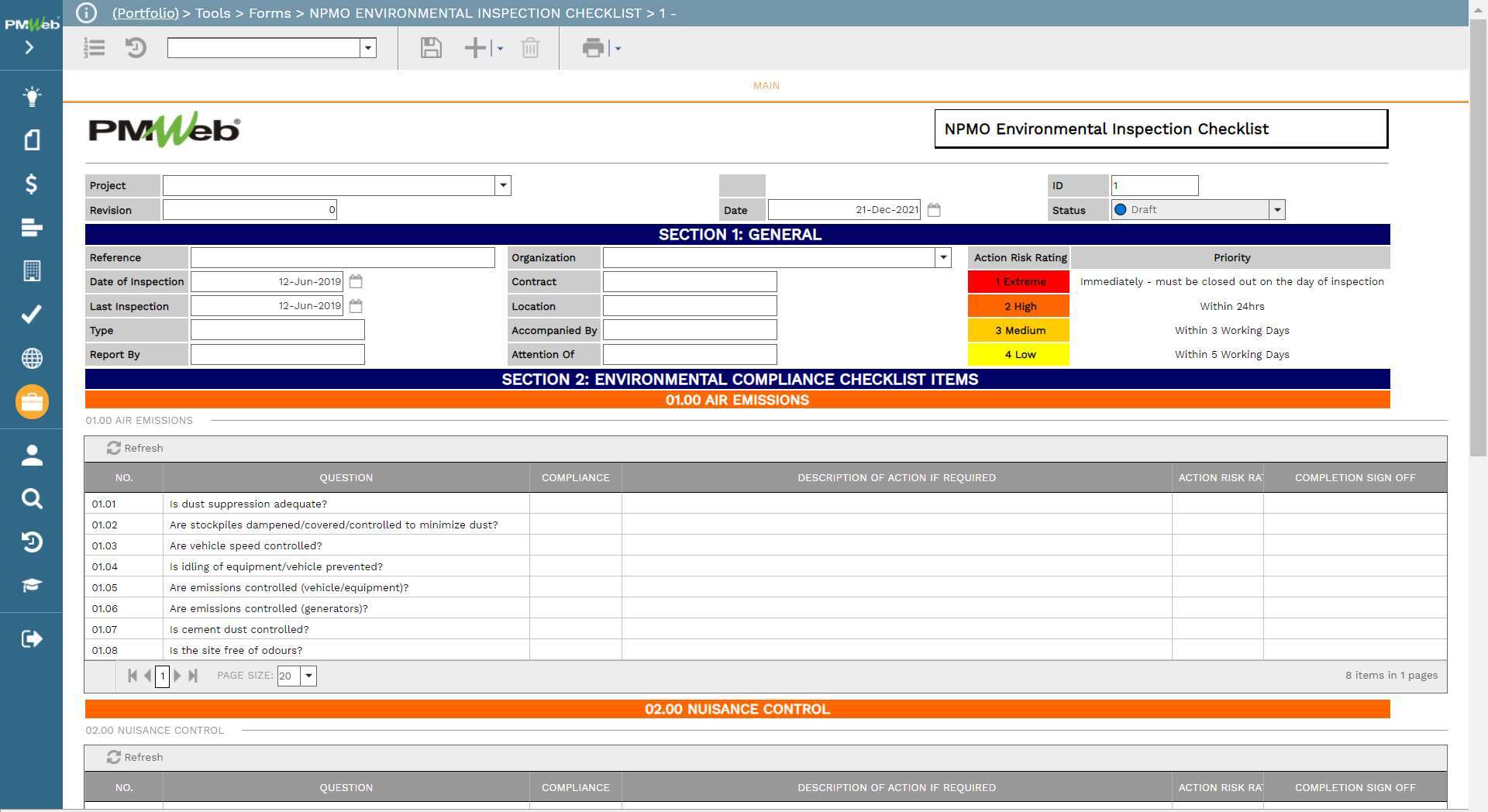 PMWeb 7 Tools Forms NPMO Environmental Inspection Checklist 1
Main