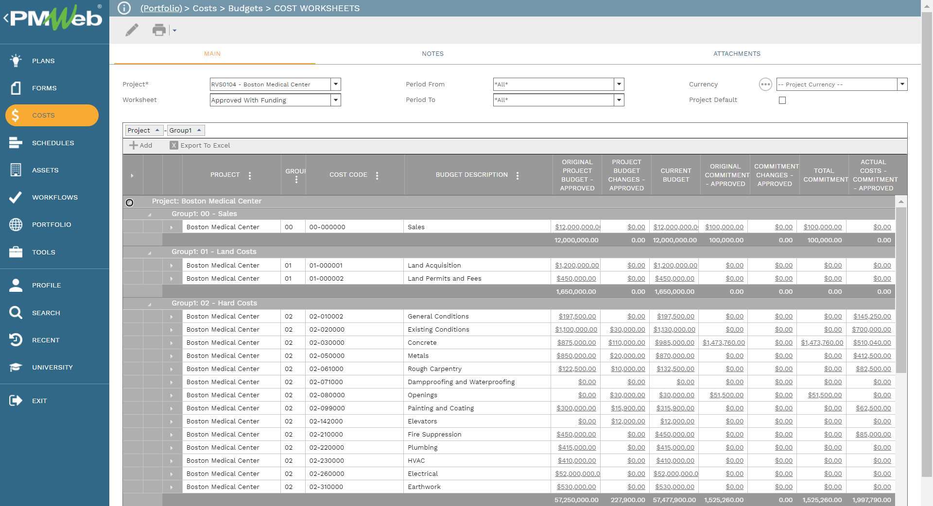 PMWeb 7 Costs Budgets Cost Worksheets
Main