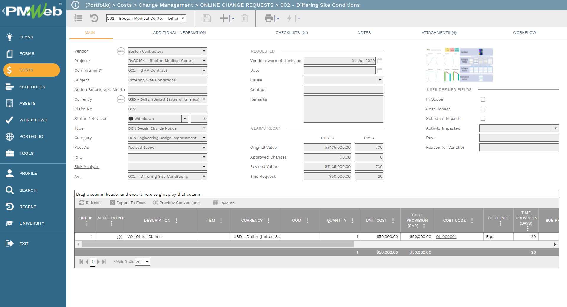PMWeb 7 Costs Change Managment Online change Requests 002 Differing Site Conditions
Main