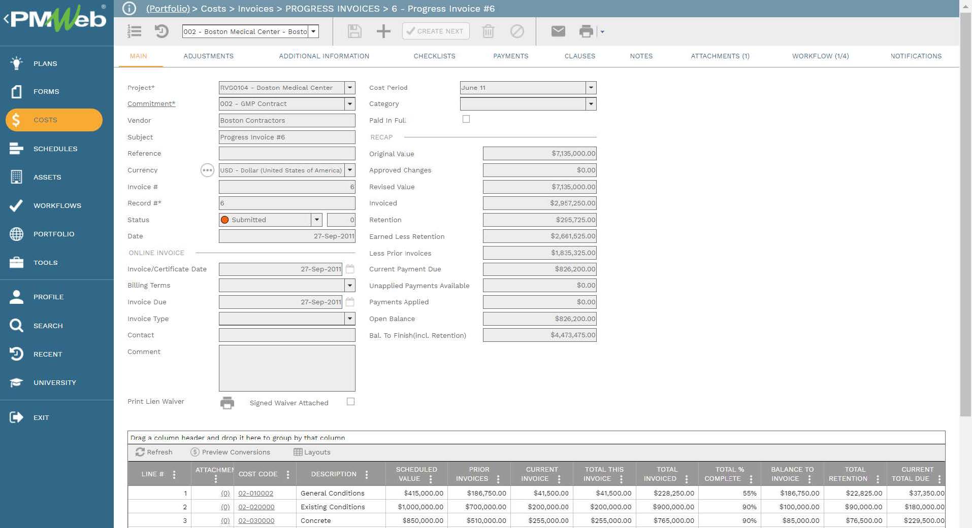 PMWeb7 Costs Invoices Progress Invoices 6 Progress Invoices #6
Main
