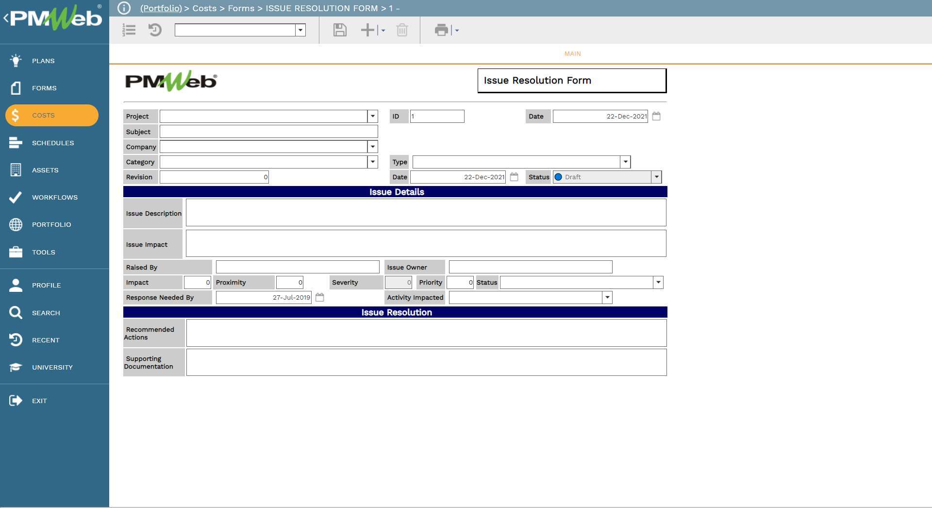 PMWeb 7 Costs Forms Issues Resolution Form 1
Main