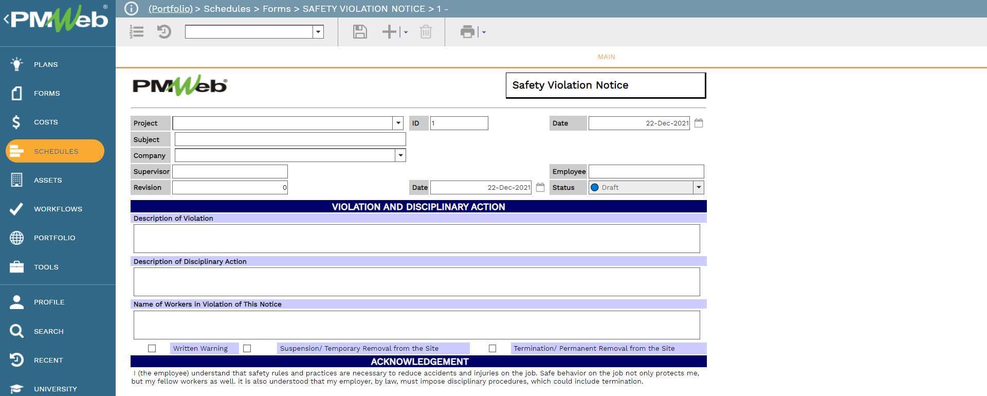 PMWeb7 Schedules Forms Safety Violation Notice 1
Main