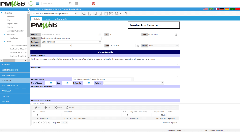 PMWeb 7 Scheduling Forms Construction Claim Form Details