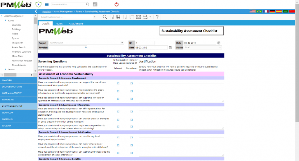 PMWeb 7 Asset Managment Forms Sustainability Assessment Checklist Details