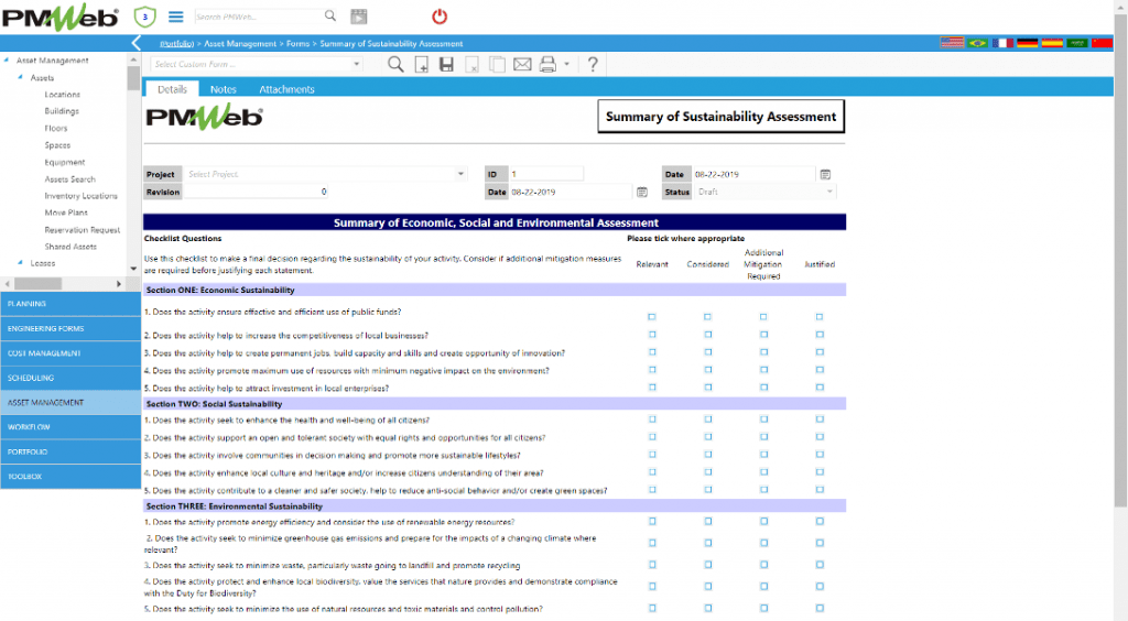 PMWeb 7 Assets Managment Forms Summary Sustainability Assessment Details