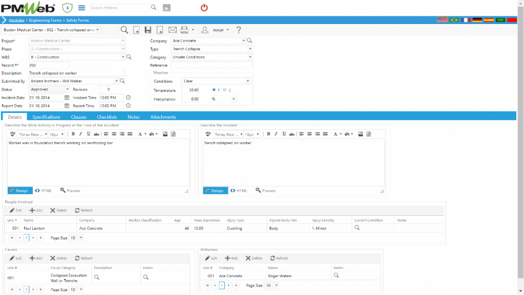 PMWeb 7 Engineering Forms Safety Forms Details
