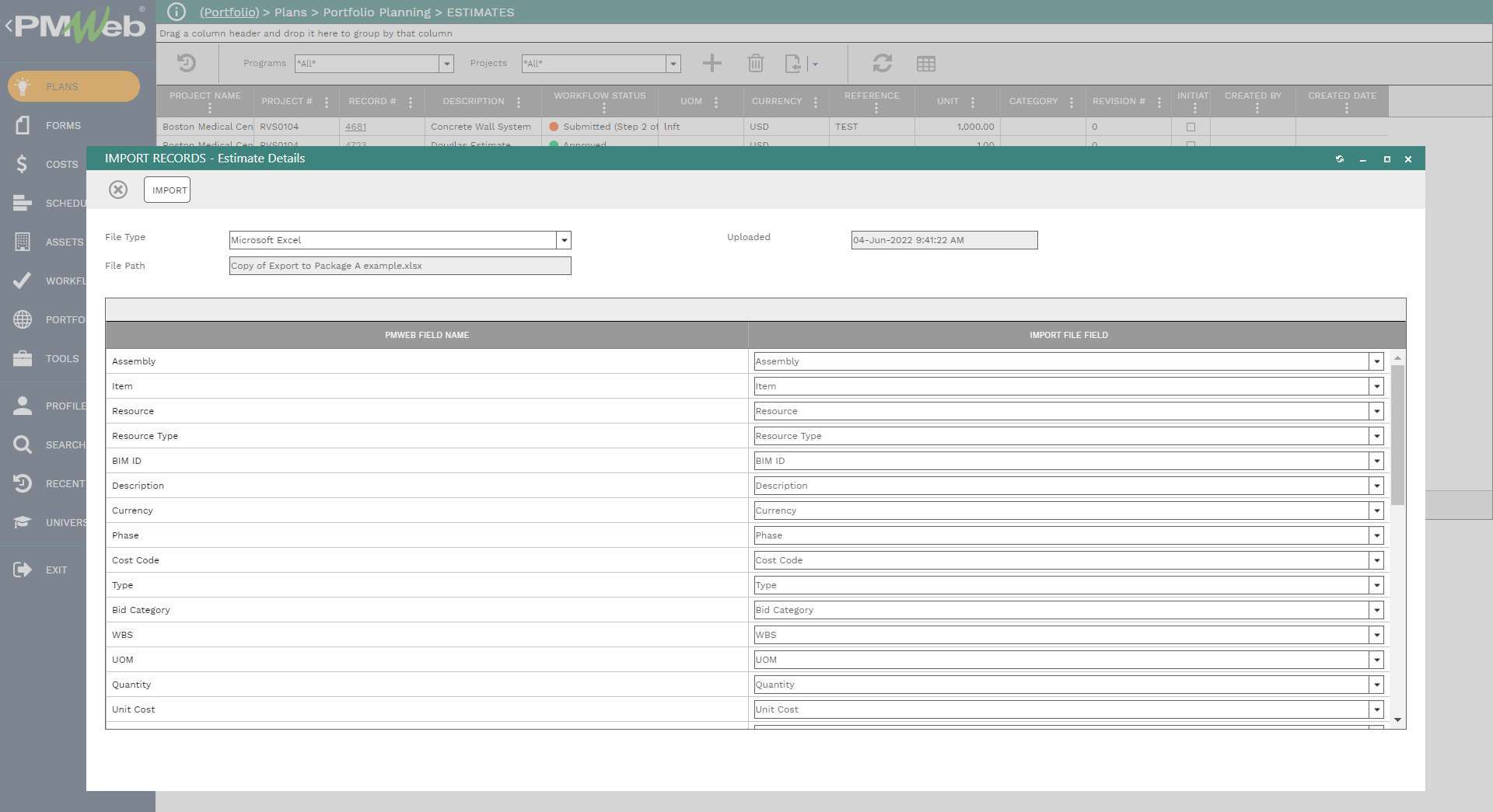 PMWeb 7 Plans Portfolio Planing Estimates
Inport Records - Estimate Details