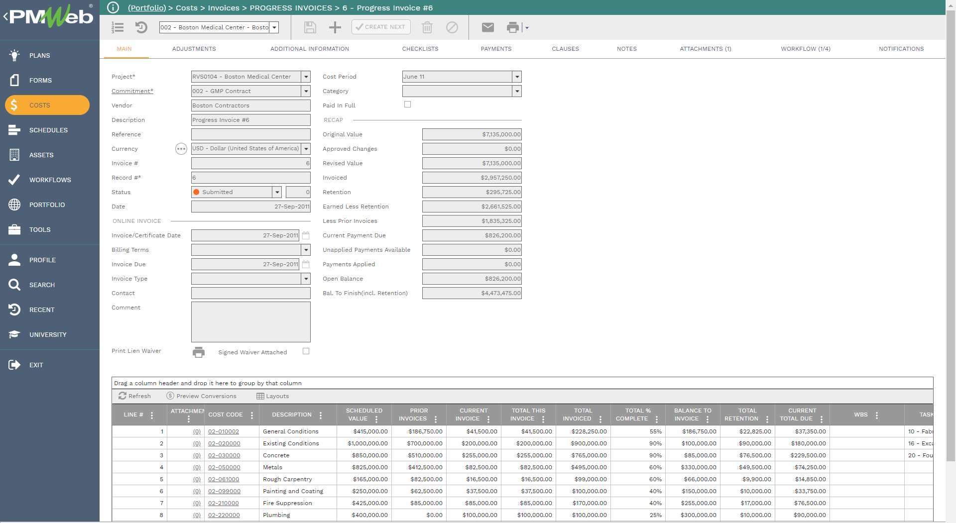 PMWeb 7 Costs Invoices Progress Invoices 6 - Progress Invoices 6
Main