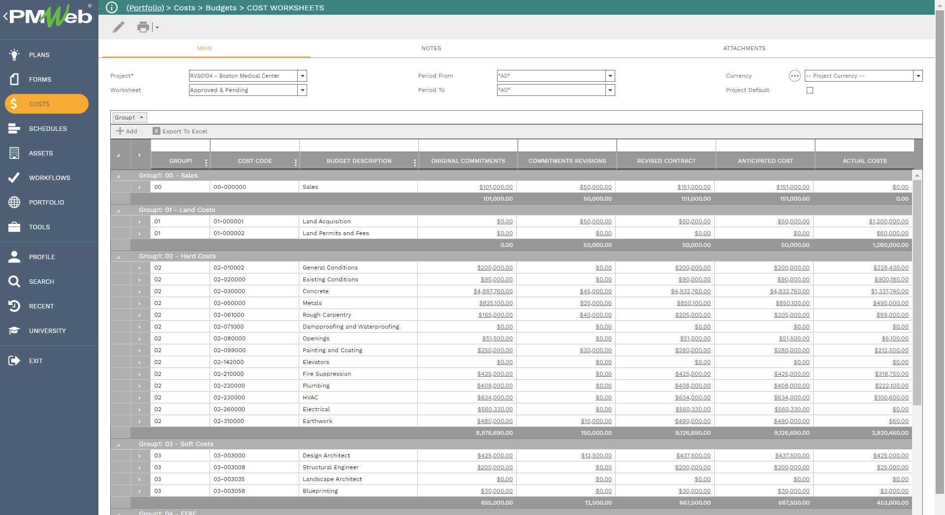 PMWeb 7 Costs Budgets Cost Worksheets
Main