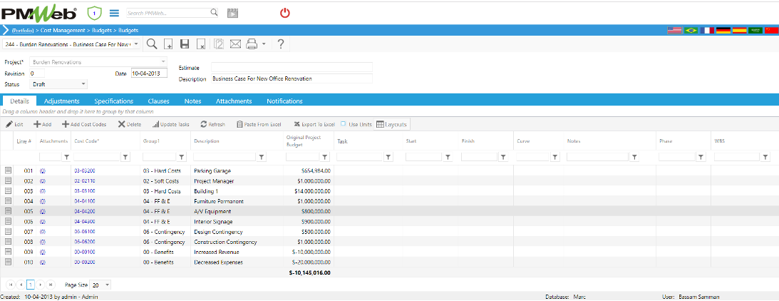 PMWeb 7 Cost Managment Budgets Budgets Details