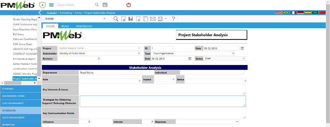 PMWeb 7 Scheduling Forms capital projects’ stakeholders Analysis Details