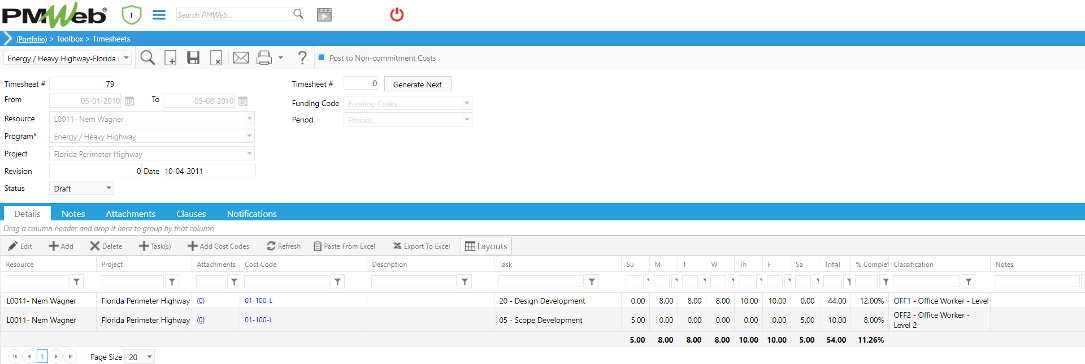 PMWeb 7 Toolbox Timesheets Details
