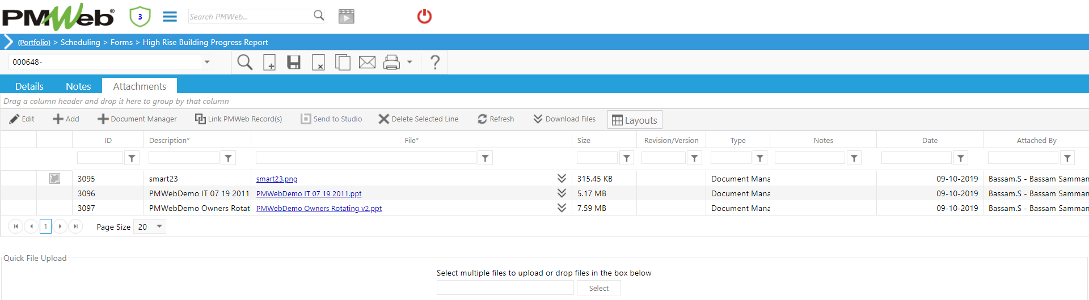 PMWeb 7 Scheduling Forms Hight Rise Building Progress Report Attachments