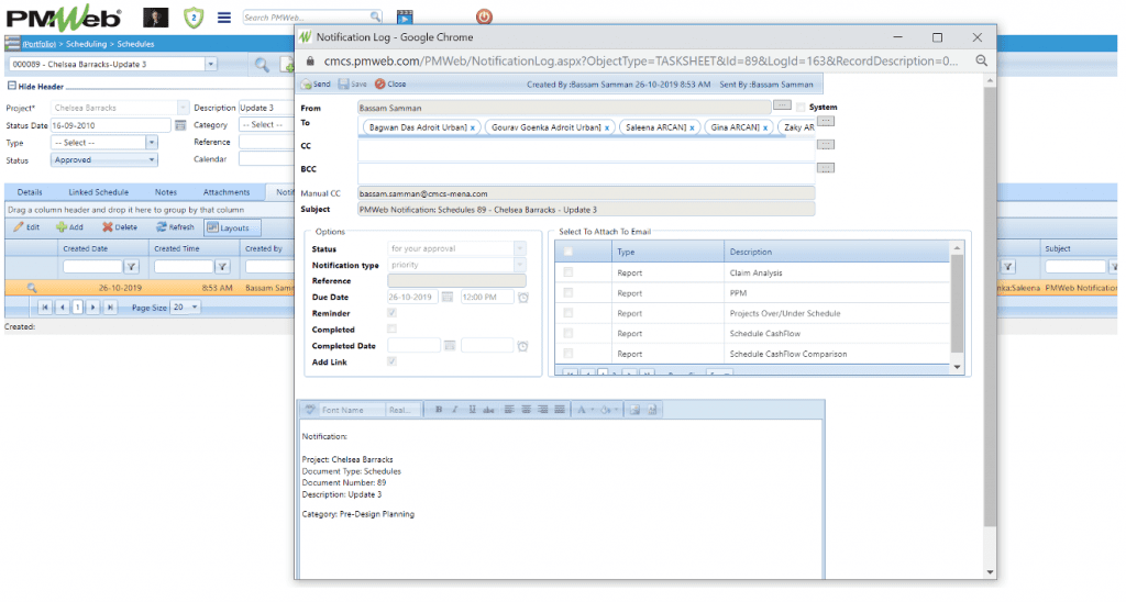PMWeb 7 Scheduling Schedules Notification Log