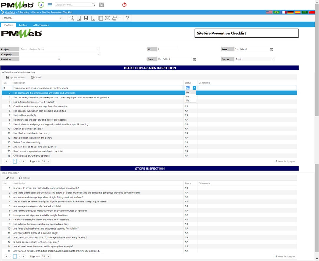 PMWeb 7 Scheduling Forms Site Fire  Prevention Checklist Details 