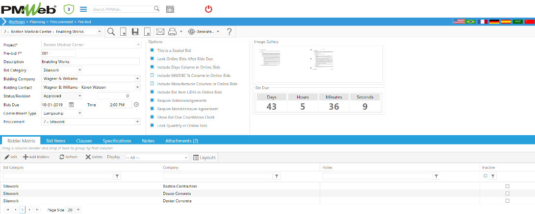 PMWeb 7 Planning Procurement Pre-Bid Bidder Matrix
