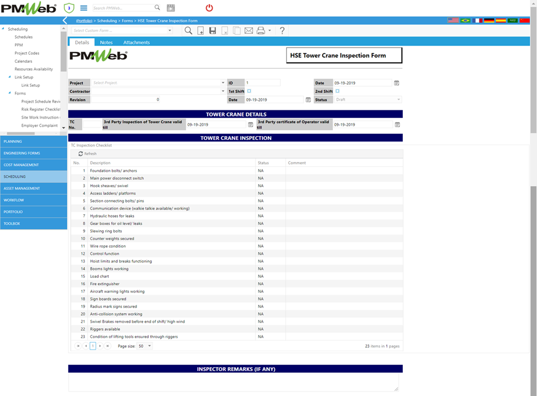 PMWeb 7 Scheduling HSE Tower Crane inspection Form Details