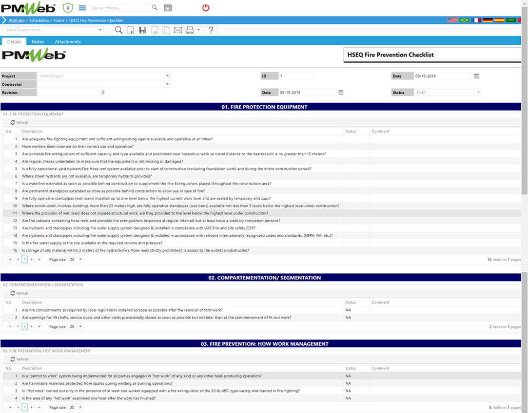 PMWeb 7 Scheduling Forms HSEQ Fire Prevention Checklist Details