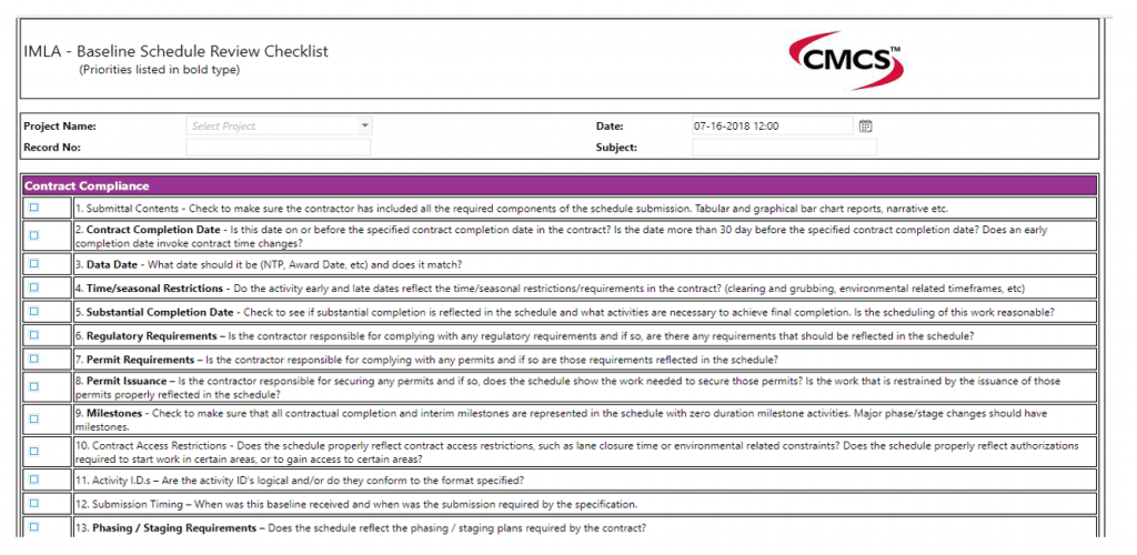 PMWeb 7 Baseline Schedule Review Checklist