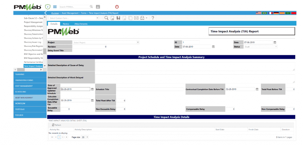 PMWeb 7 Asset Managment Forms Time Impact Analysis (TIA) Report Details
