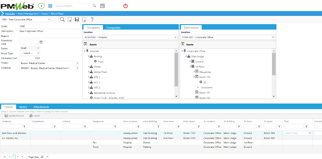 PMWeb 7 Assets Managment Assets Move Plans Details