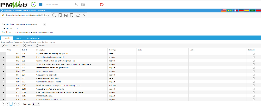 PMWeb 7 Portfolio Lists Define Checklists Details