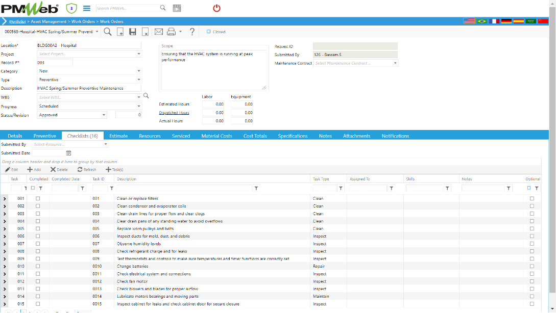 PMWeb 7 Asset Managment Work Orders Work Orders Checklists