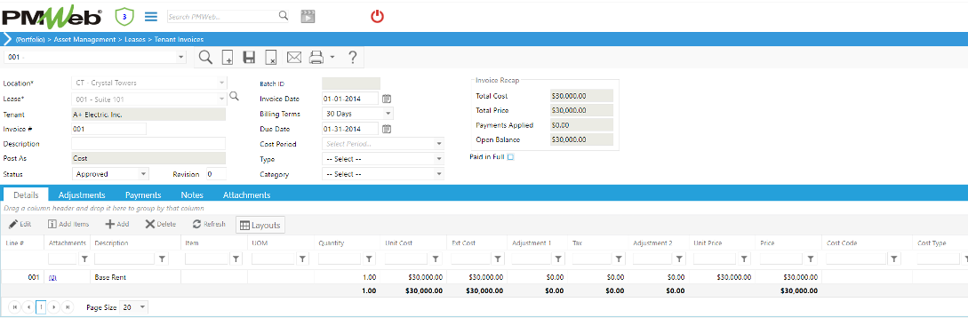 PMWeb 7 Assets Managment Leases Tenant Invoices Details
