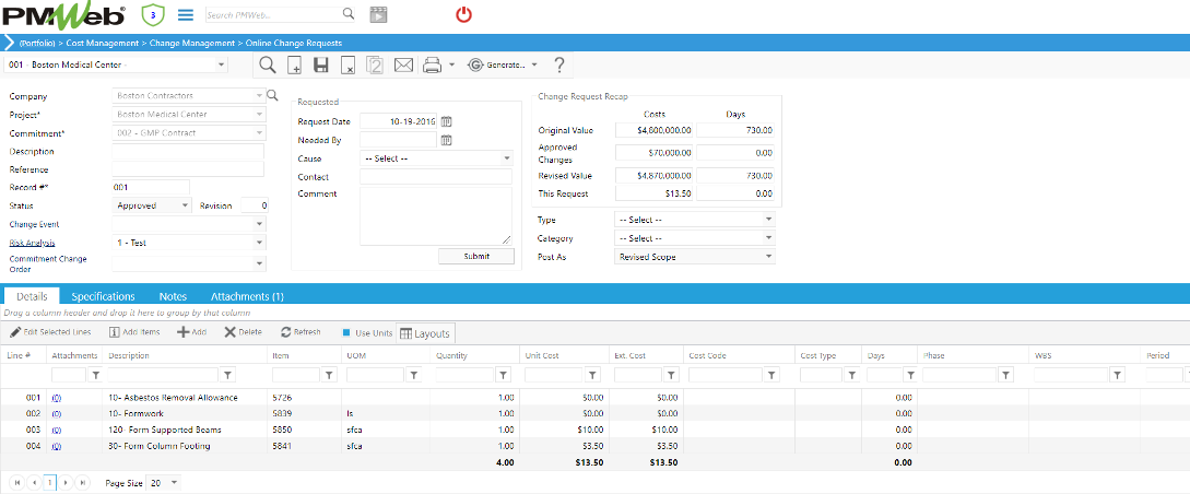 PMWeb 7 Cost Managment Change Managment Online Change Request Details