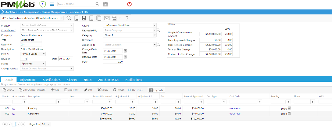 PMWeb 7 Cost Managment Change Managment Commitments COs Details