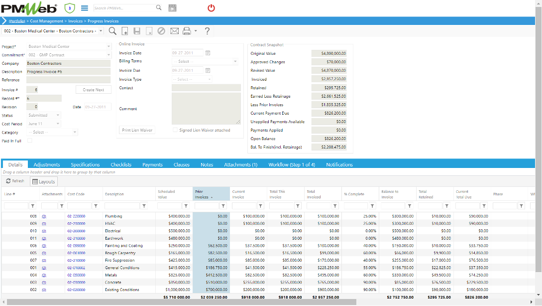 PMWeb 7 Cost Managment Invoices Progress Invoices Details