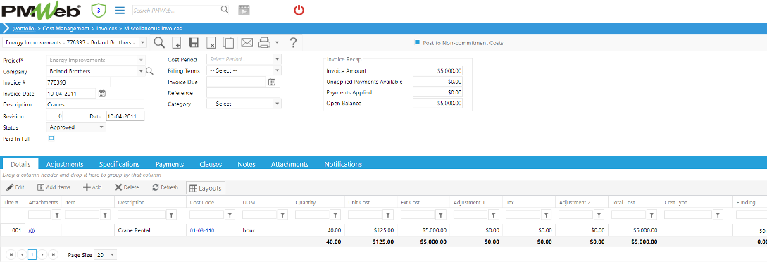 PMWeb 7 Cost Managment Invoices Miscellaneous Invoices Details