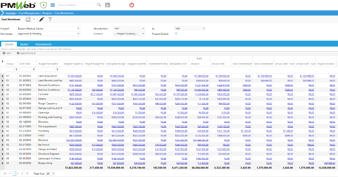 PMWeb 7 Cost Managment Budgets Cost Worksheets Details