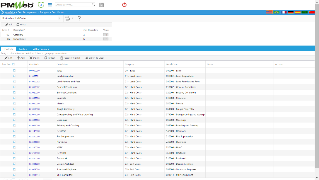 PMWeb 7 Cost Managment Budgets Cost Codes Details