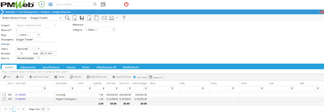 PMWeb 7 Cost Managment Budgets Budgets Requests Details