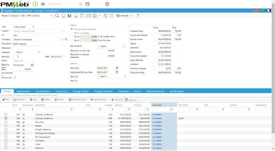 PMWeb 7 Cost Managment Contracts Commitments Details