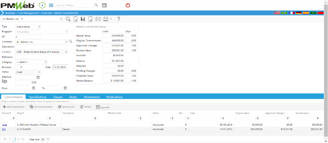 PMWeb 7 Cost Managment Contracts Master Commitments Commitments