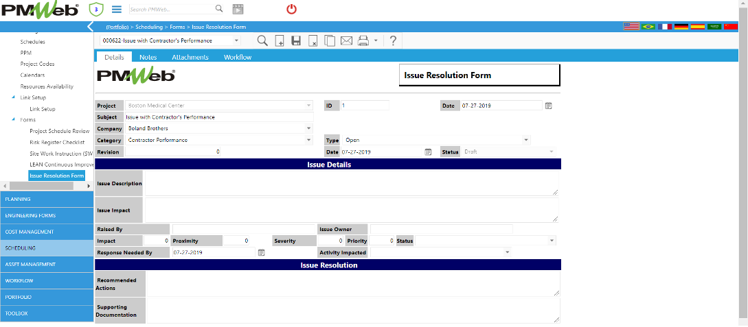 PMWeb 7 Scheduling Forms Issue Resolution Form Details