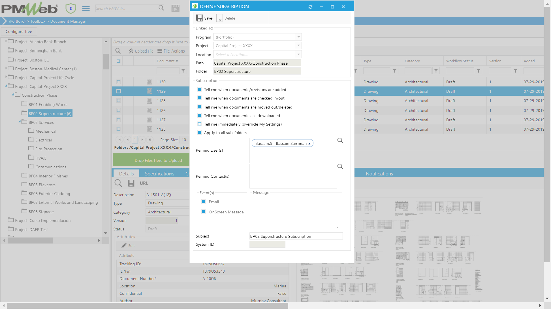 PMWeb 7 Toolbox Document Manager Details Define Subscription